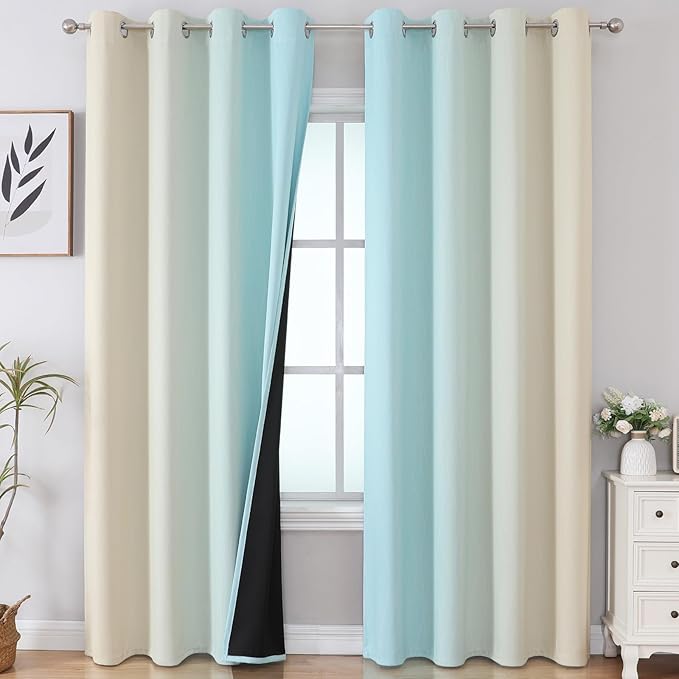 Estelar Textiler Beige and Aqua Ombre Blackout Curtains 90 Inch Length 2 Panels - Image 2