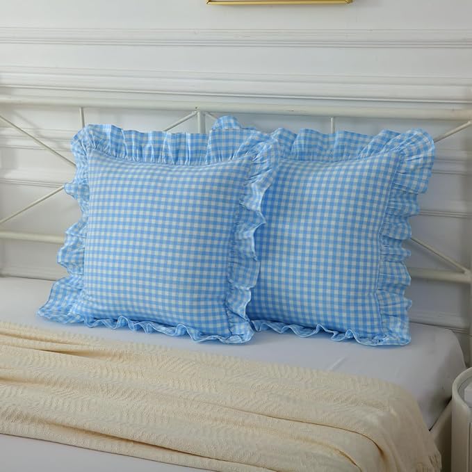 2 Pack Vintage Sky Blue Plaid Ruffle Throw Pillow Covers, Washed Cotton by Mywinlle