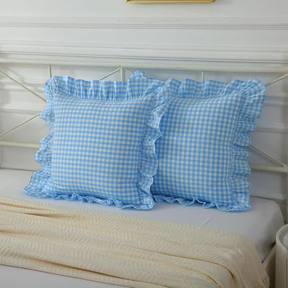 2 Pack Vintage Sky Blue Plaid Ruffle Throw Pillow Covers, Washed Cotton by Mywinlle