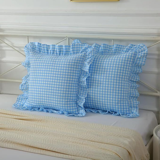 2 Pack Vintage Sky Blue Plaid Ruffle Throw Pillow Covers, Washed Cotton by Mywinlle