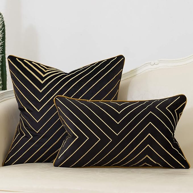 Avigers 20 x 20 Inch Black Gold Striped Geometric Lines Embroidery Velvet - Image 6