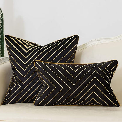 Avigers 18 x 18 Inch Black Gold Striped Geometric Lines Embroidery Velvet - Image 6
