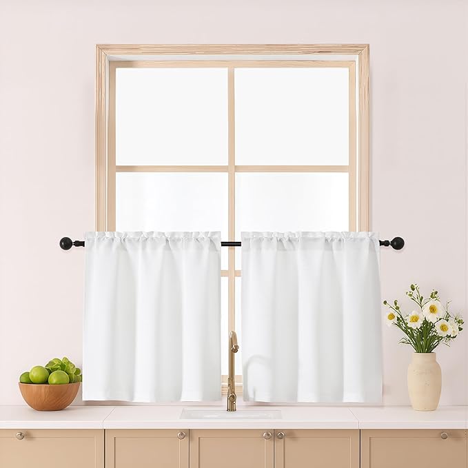 Gwine White Short Curtains 24 Inch Length 2 Panels, Light Filtering Textured by Gwine