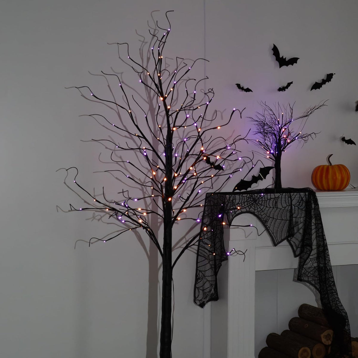 TW SHINE 2 Pack 6FT Halloween Lighted Black Birch Tree, Total 288 LED Purple and Orange Lights Artificial Spooky Tree with Timer, Waterproof Halloween Decoration for Indoor Outdoor Home Party Decor