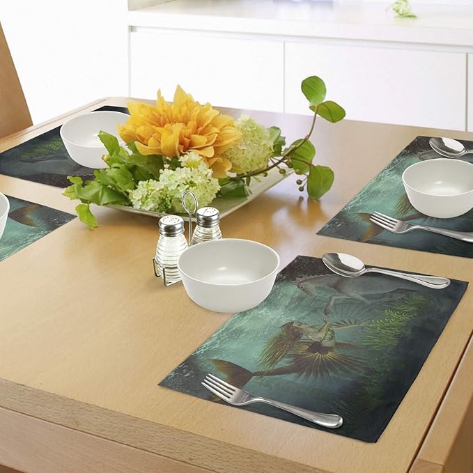 Ambesonne Mermaid Place Mats Set of 4, Mermaid Meets Seahorse Underwater World - Image 4