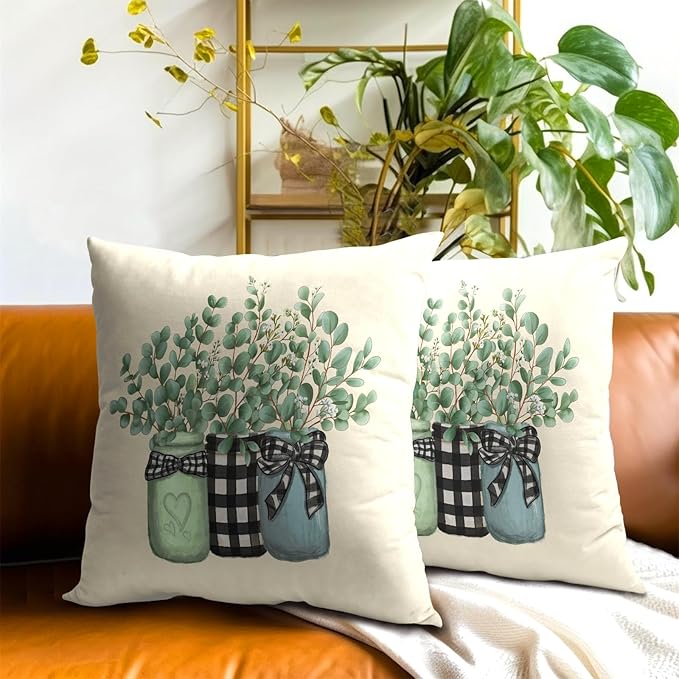 Eucalyptus Leaves Throw Pillow Covers Set of 2 Spring Green Botanical Plaid Jar - Image 7