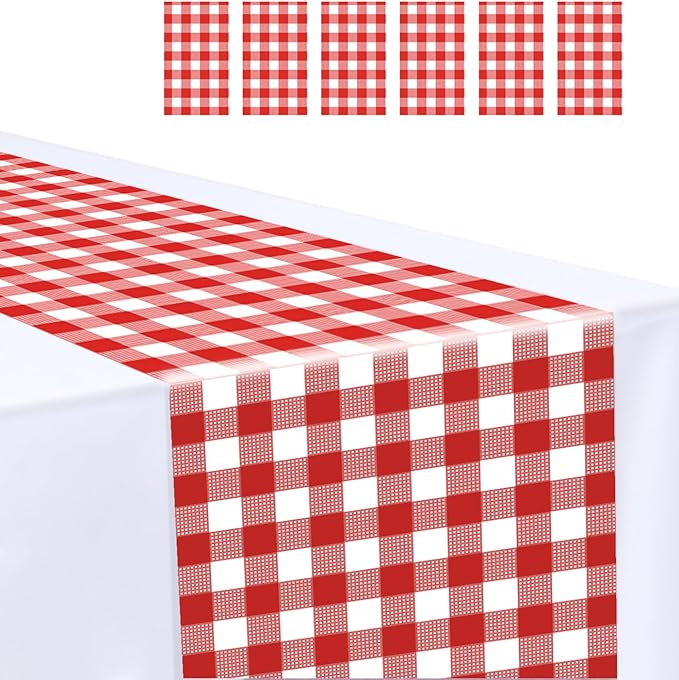 6 Pcs Red and White Checkered Table Runner Plastic 14 x 108 Disposable Gingham by MUNILAIL