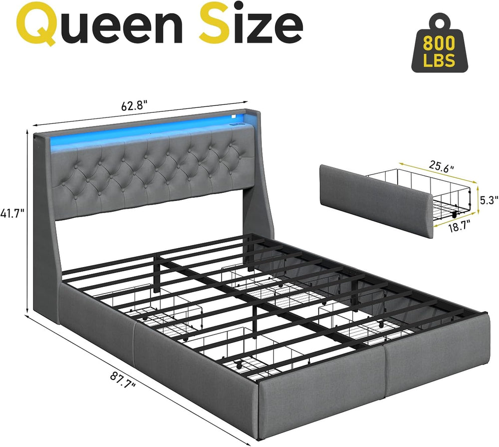 SADENICEL Queen Bed Frame with 4 Storage Drawer, Queen Size Bed Frame, Grey