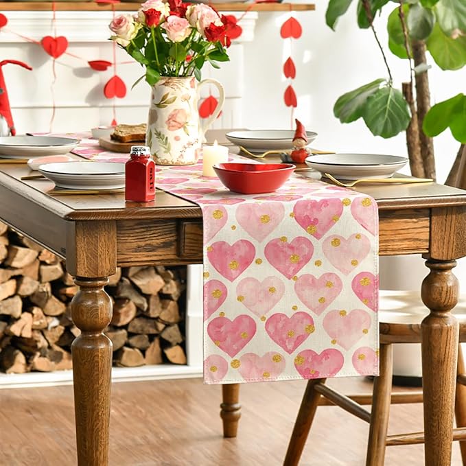 Artoid Mode Golden Pink Love Valentine's Table Runner, Seasonal Anniversary - Image 3