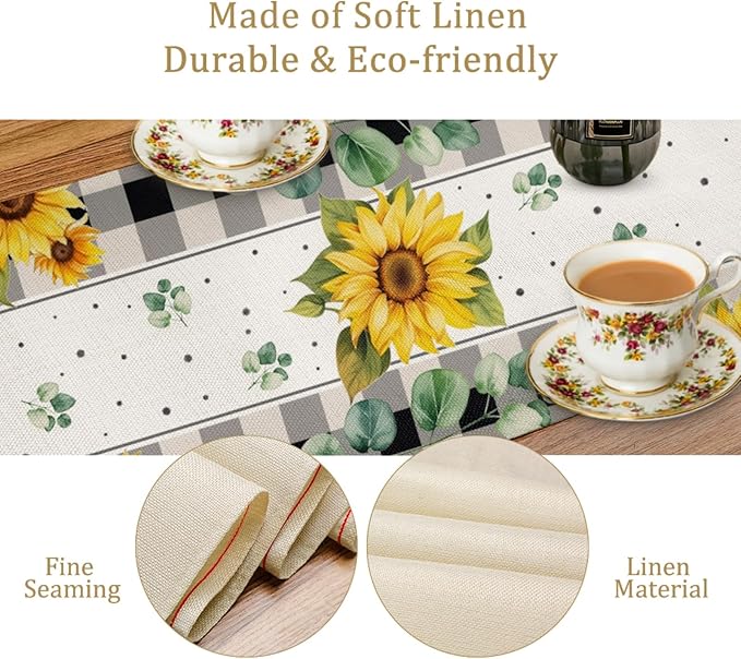 Cat and Sunflower Table Runner, Linen Farmhouse Table Cloth Decor, Table Runner - Image 4