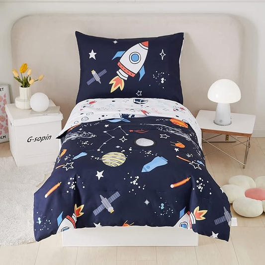 PERFEMET 4 Pcs Toddler Bedding Dark Blue Outer Space Printed Toddler Bed Set by PERFEMET