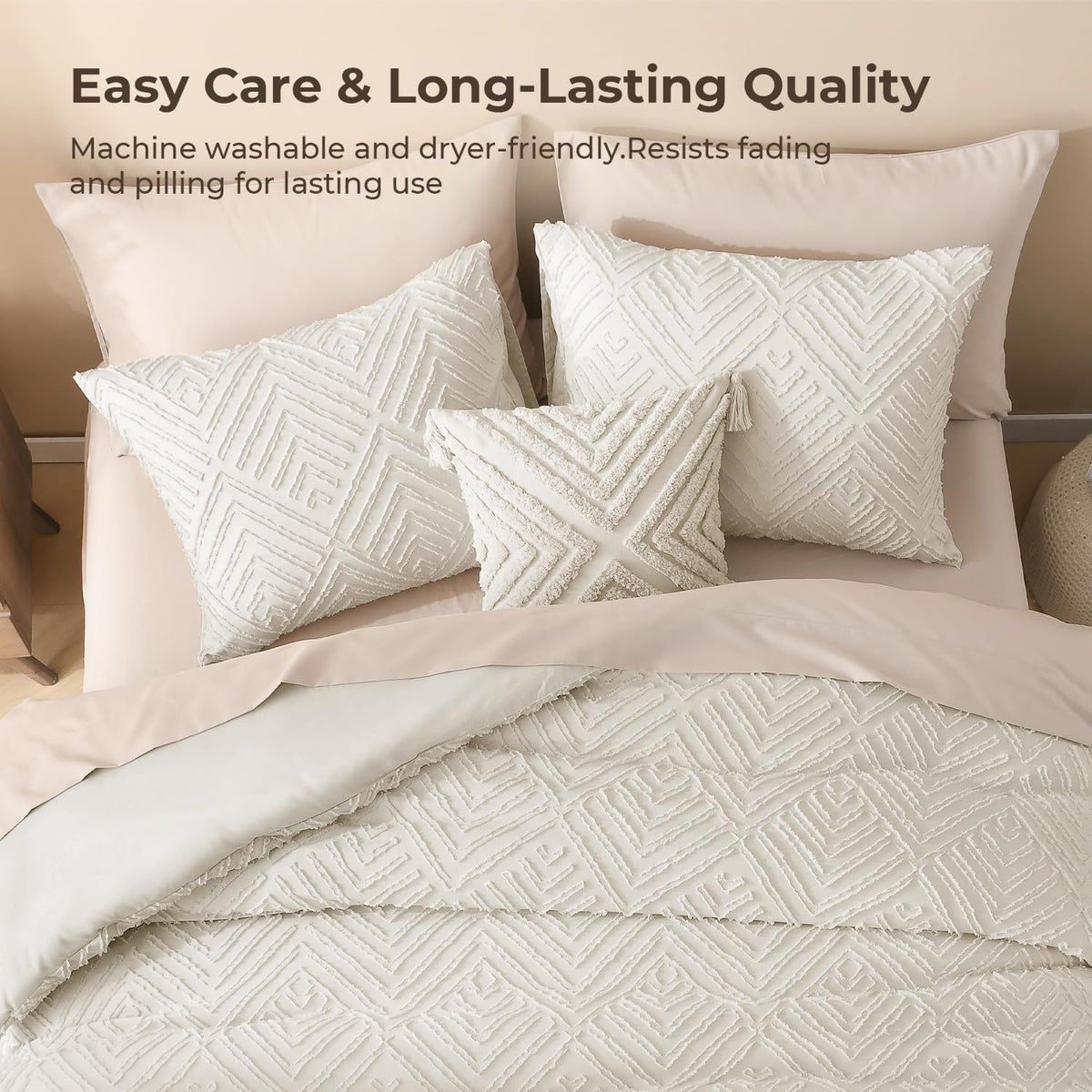 litanika king size comforter set, 3 pieces beige showing dimensions