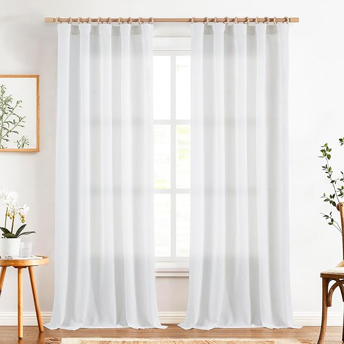 jinchan White Semi Sheer Curtains 96 Inch 2 Panel Light Filtering Linen Blend - Image 2