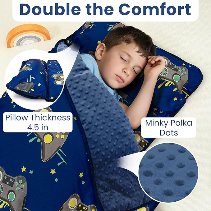 Toddler Nap Mat with Pillow and Minky Blanket, Large 55"x35" Sleeping Bag - Image 4