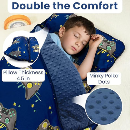 Toddler Nap Mat with Pillow and Minky Blanket, Large 55"x35" Sleeping Bag - Image 4