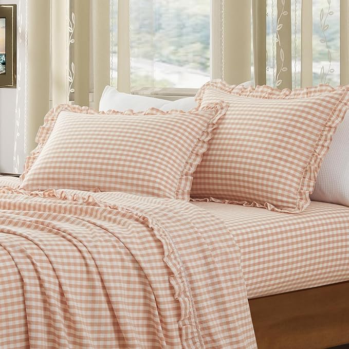 KKJIAF 2 Pcs Plaid Ruffle Pillow Case King Size, Cotton Gingham Ruffled Euro - Image 3