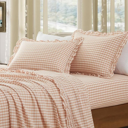 KKJIAF 2 Pcs Plaid Ruffle Pillow Case King Size, Cotton Gingham Ruffled Euro - Image 3