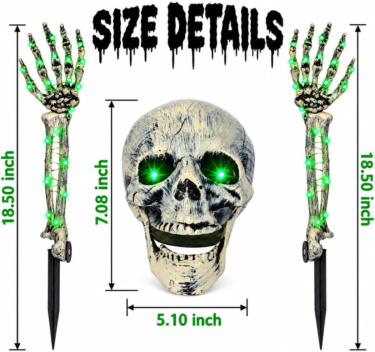 Halloween Skeleton Decorations Outdoor, Light Up Skull Head & Skeleton Hands Lights Stake with Green LED, Battery Operated Halloween Yard Decor for Lawn, Garden, Graveyard, Haunted House & Party