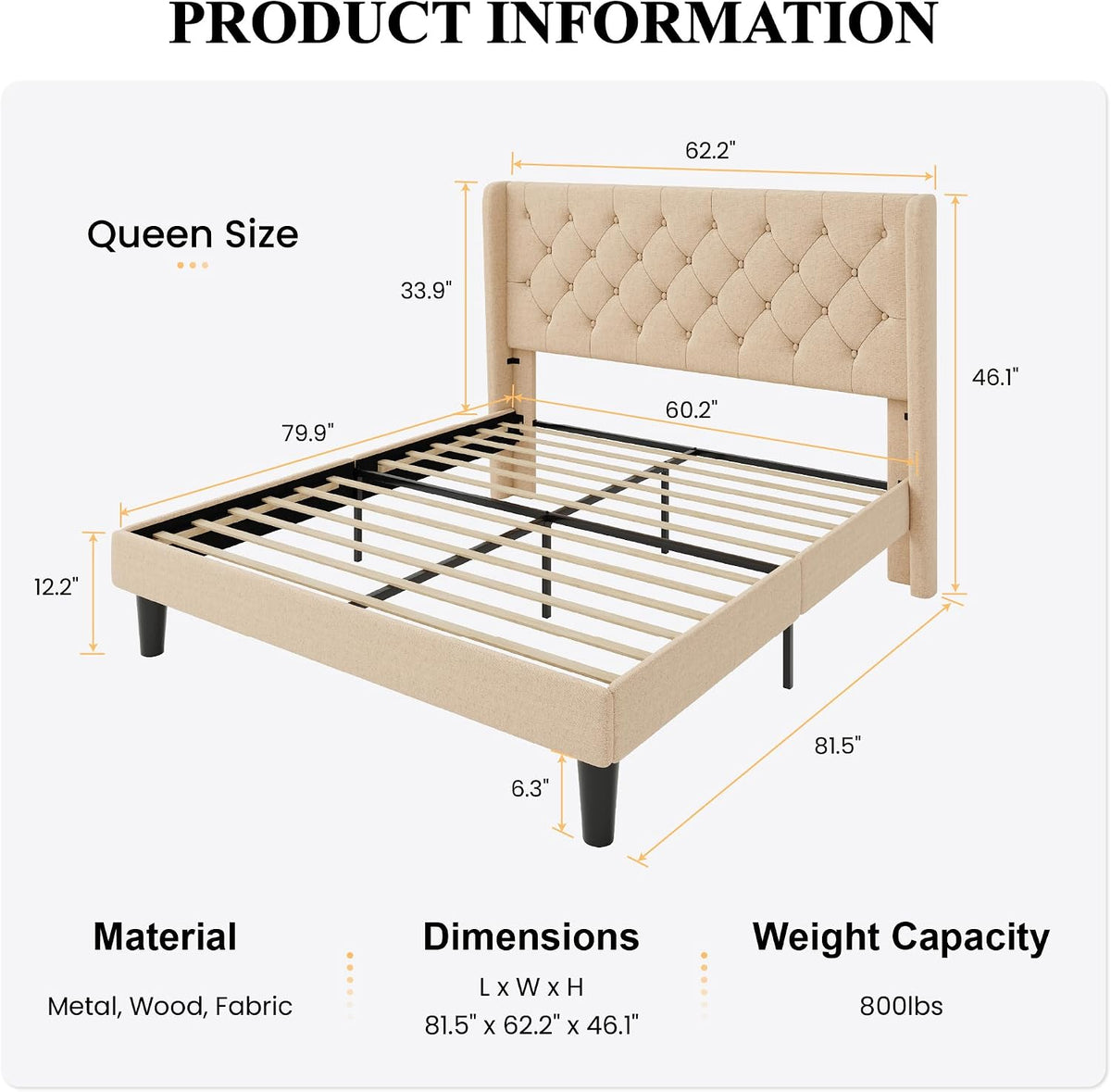 sha cerlin queen upholstered bed frame, button tufted shown in use