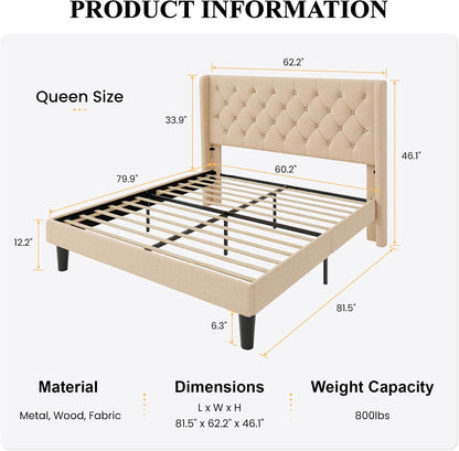 sha cerlin queen upholstered bed frame, button tufted shown in use