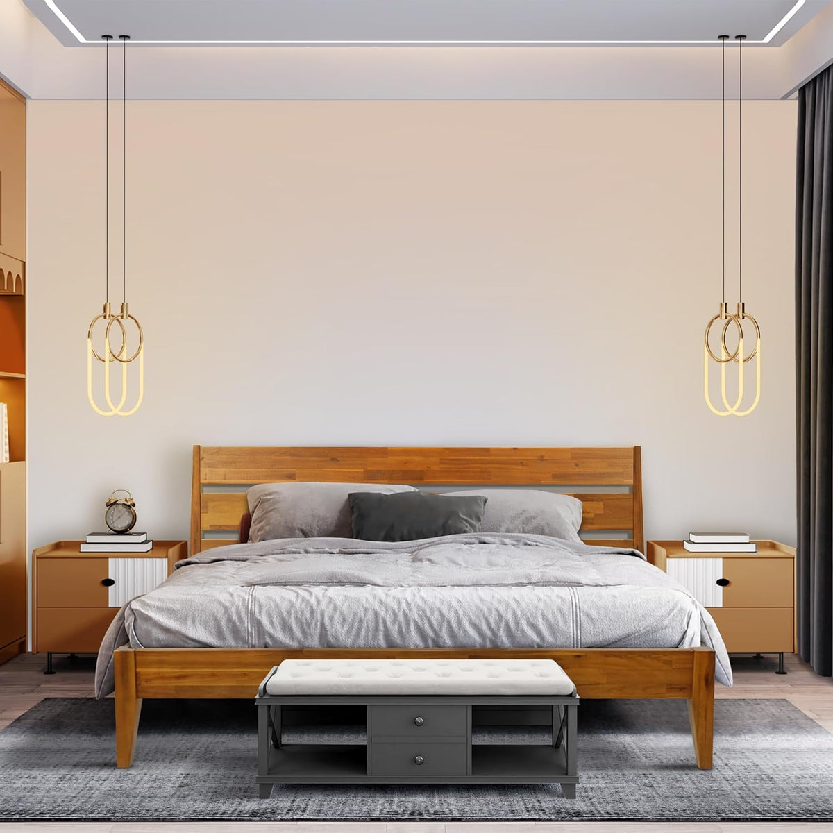 acacia emery bed frame with headboard solid wood on a desk or shelf