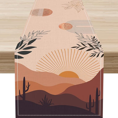 Abstract Mid Century Table Runner, Modern Sunset Green Leaves Boho Cactus by Unknown