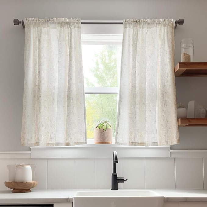 jinchan Beige Kitchen Curtains Linen Tier Curtains 36 Inch Farmhouse Cafe Drapes - Image 4