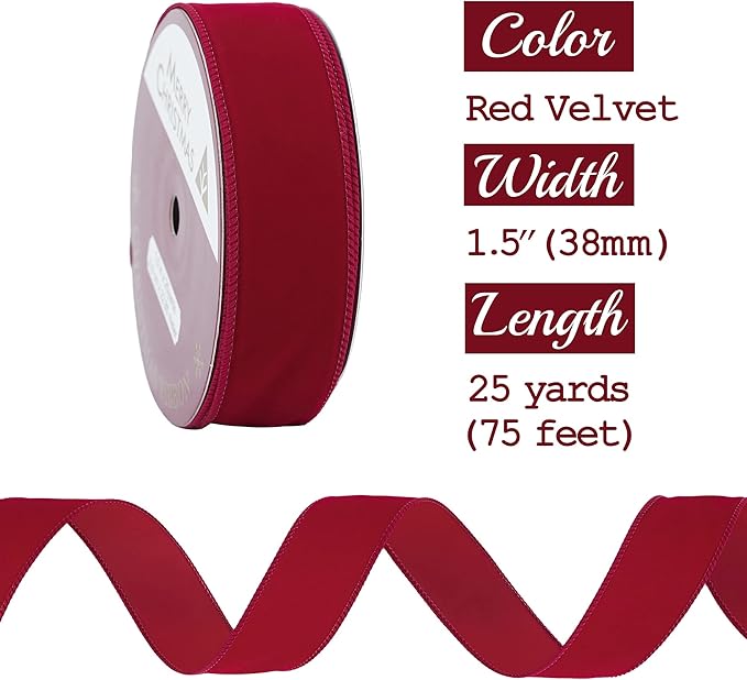 MEEDEE Red 1.5 Inch Velvet Wired Ribbon 25 Yards Dark Red Velvet Ribbons Spool - Image 2