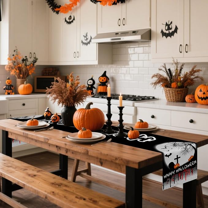 Happy Halloween Table Runner Spooky Bloody Spider Web Bat Pumpkin Kitchen - Image 2