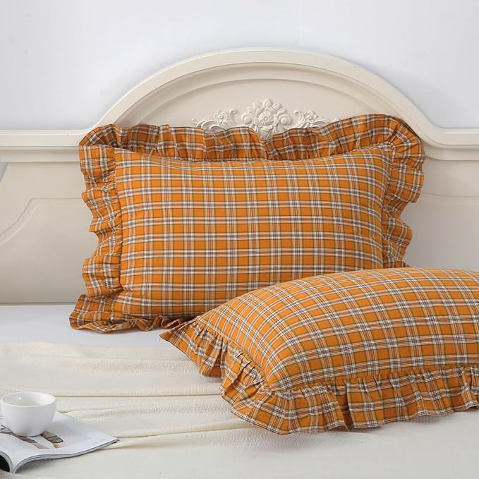 Burnt Orange Tartan Plaid Ruffle Pillow Covers Standard Size Set of 2, Washed by Mywinlle