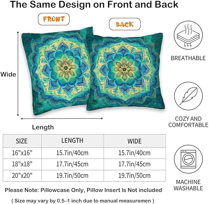 Mandala Flower Throw Pillow Covers 18x18 Set of 2 | Teal Bohemian Decorative - Image 6