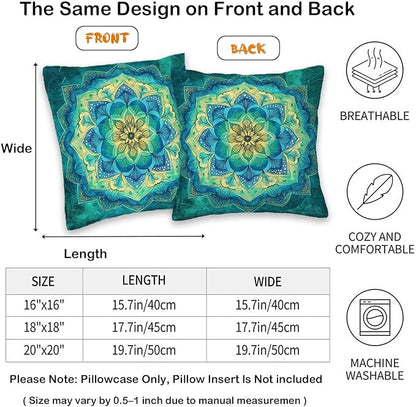 Mandala Flower Throw Pillow Covers 18x18 Set of 2 | Teal Bohemian Decorative - Image 6