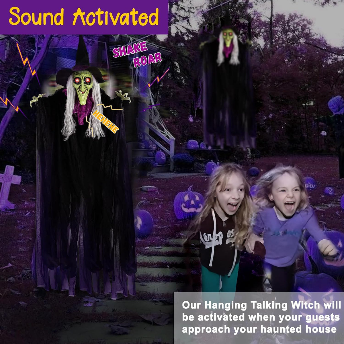 59” Halloween Hanging Animated Witch Decoration with Sound Activated