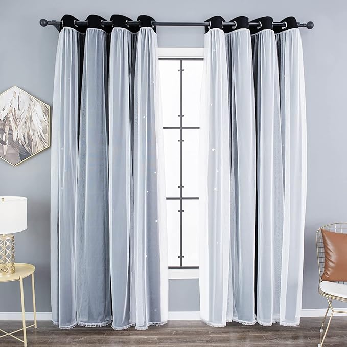 Kinryb Black Star Cutout Blackout Curtains Double Layer Curtains - Image 9