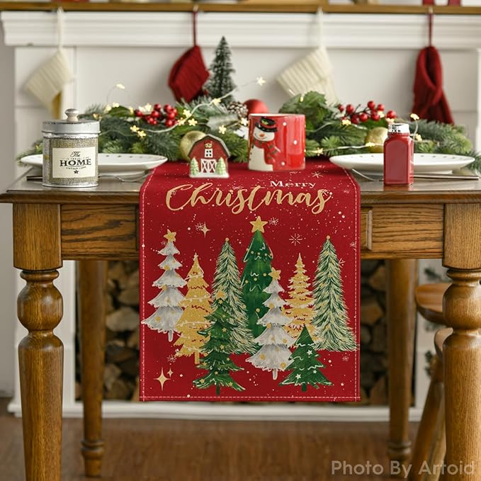 Artoid Mode Xmas Trees Merry Christmas Table Runner, Seasonal Winter Red - Image 2