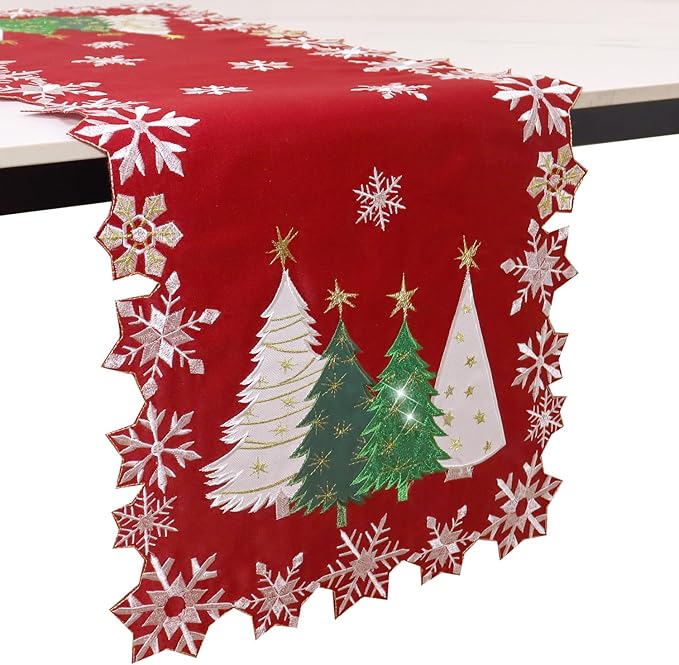 Christmas Tree Table Runner Embroidered Xmas Red White Snowflakes Runners Snow by Unknown