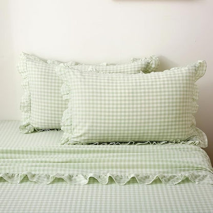 2 Pack Pile Green White Plaid Ruffle Gingham King Size Pillow Shams, 100% - Image 7