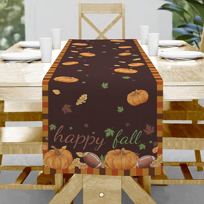 Happy Fall Pumpkin Table Runner, Linen Farmhouse Fall Table Runners, by Hliyty