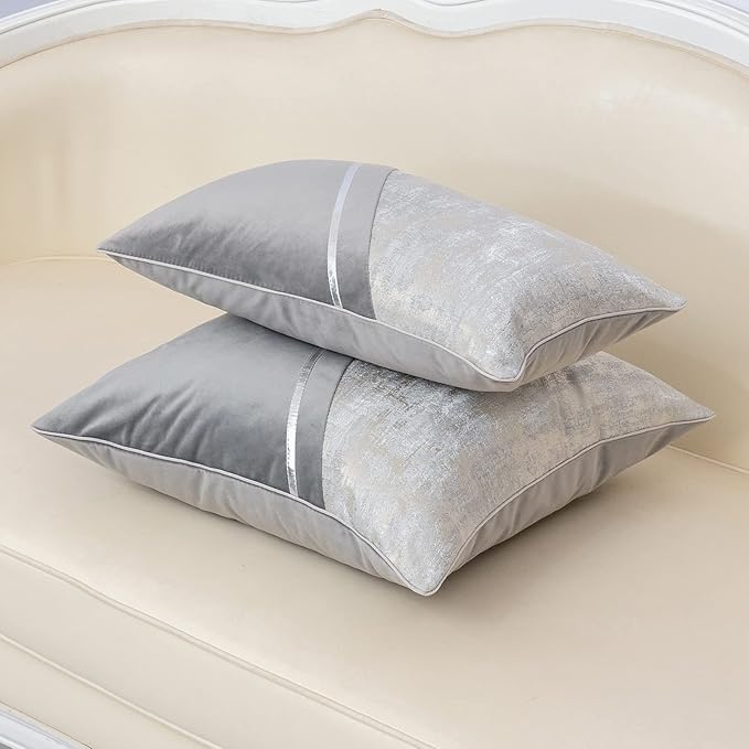 Alerfa 12 x 20 Inch Gray Silver Leather Patchwork Velvet & Polyester Cushion - Image 4
