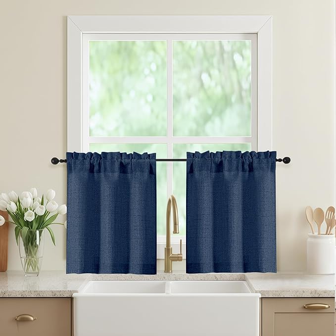 Navy Blue Kitchen Curtains 24 Inch Length 2 Panels, Light Filtering Faux Linen by WelvetBLK