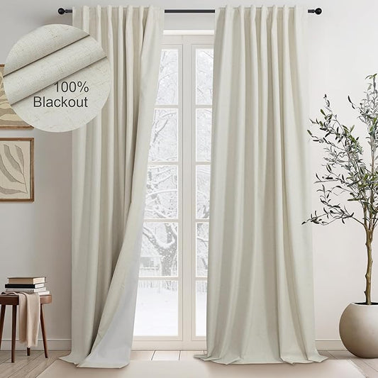 Flax Linen Blackout Living Room Curtain 84 Inch Long 2 Panel Tan Beige Black by DANCURTON