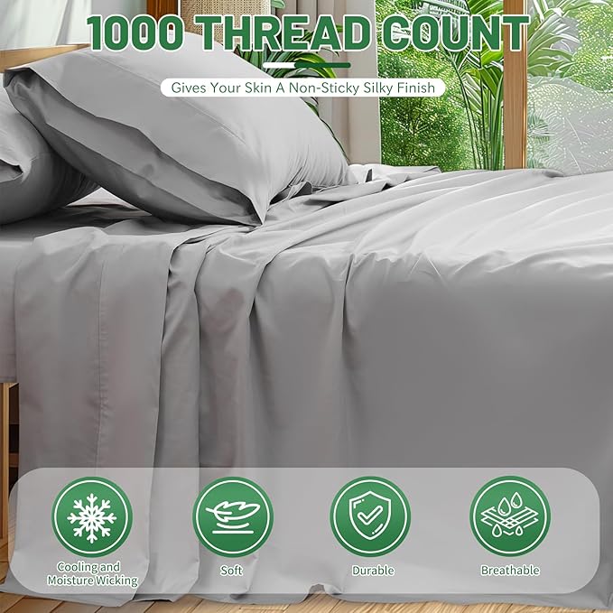 1000 Thread Count Egyptian Cotton Sheets Queen Size Set 4PCS Sateen Weave Soft - Image 2