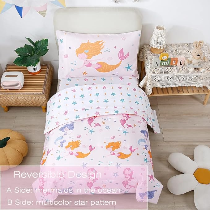 PERFEMET Toddler Bedding Sets Girls 4 Pieces Pink Mermaid Toddler Bed in A Bag - Image 3