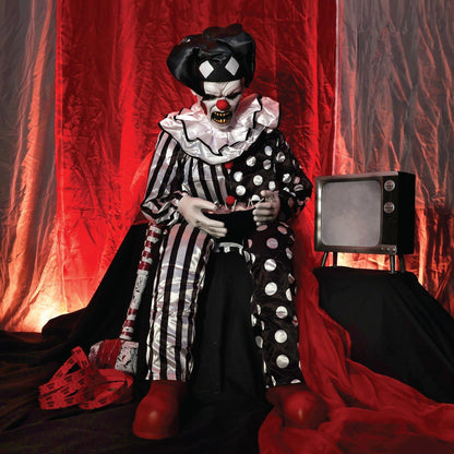 Haunted Hill Farm Hartley The Sitting Scare Clown by Tekky, Motion-Activated Talking Jump-Scare Halloween Animatronic for Halloween Party Prank Decoration, Plug-in or Battery Operated Halloween Props