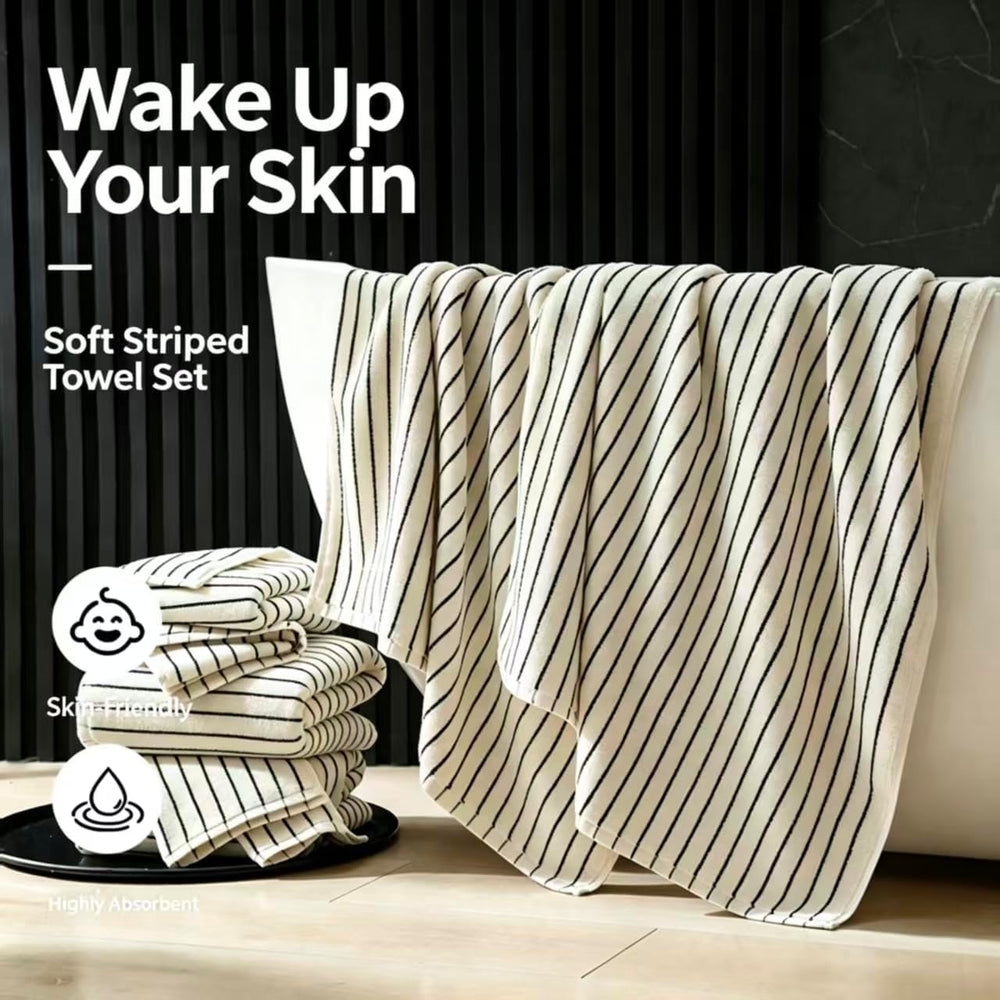 Striped Bath Towels Set of 2 Cotton Classic Black and Ivory Stripe Towels