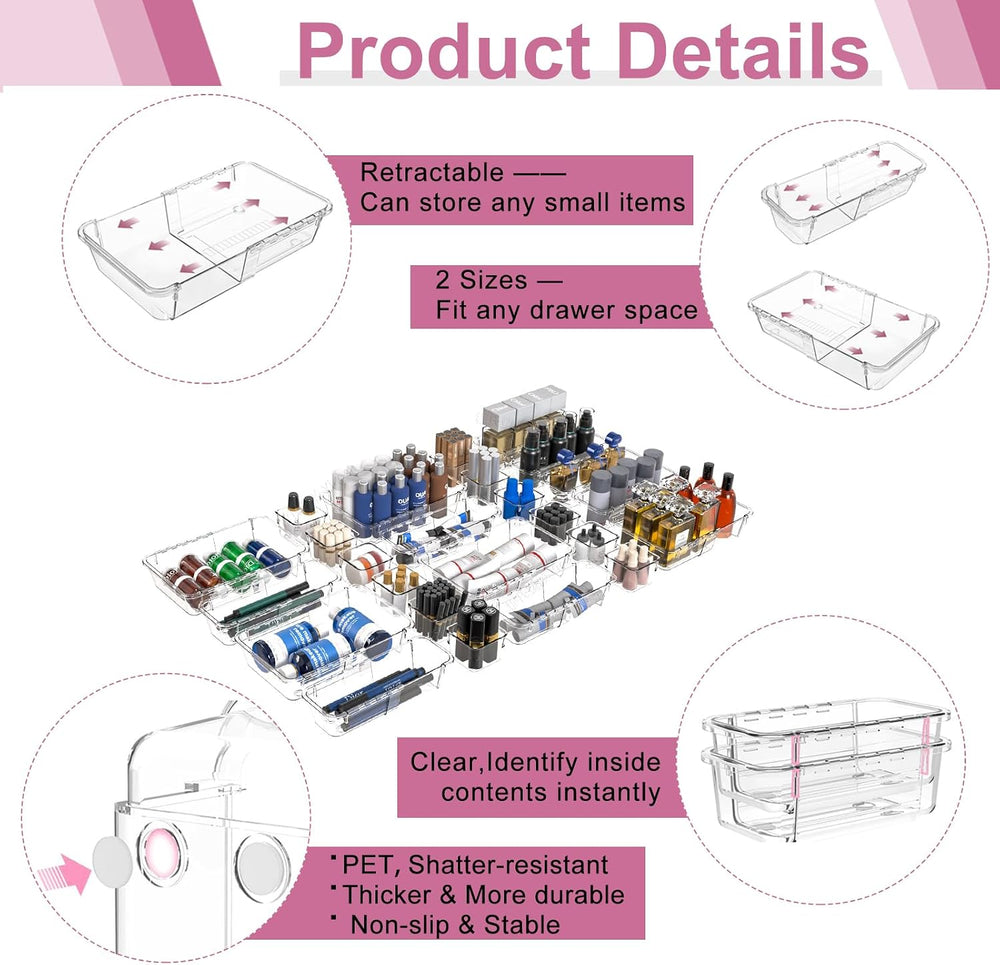 16 Pcs Extendable Clear Drawer Organizer, All Adjustable Vanity Storage Box, ...
