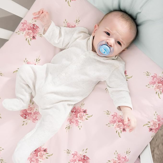 Nap Mat Sheet 47"x24", 3 Pack Pink Floral Baby Crib Sheets Fitted Elastic - Image 4
