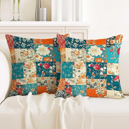 Floral Throw Pillow Covers 18x18 Set of 2 | Decorative Patchwork Like Cushion by Unknown