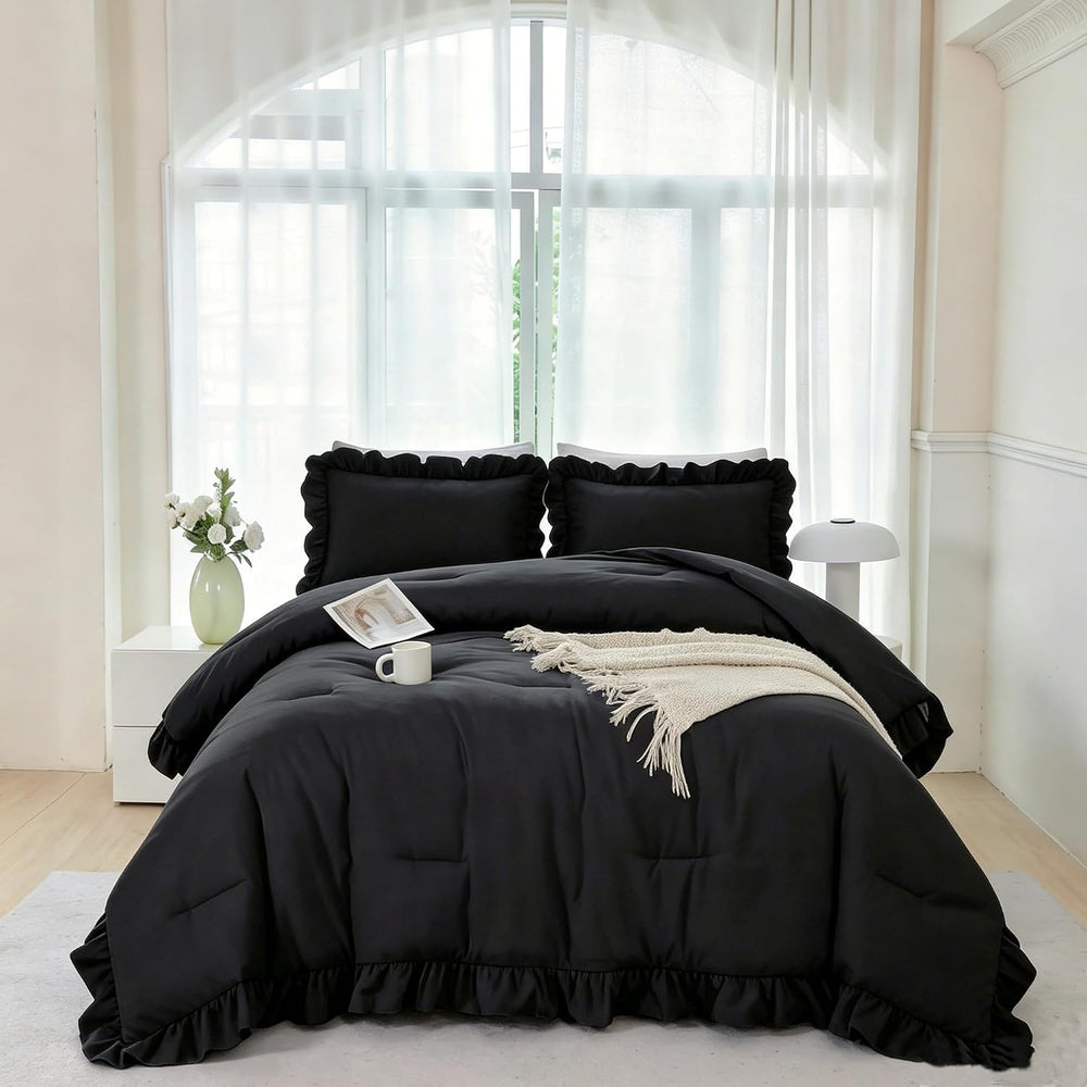 ANGIYUIN Black Queen Size Comforter Set 5Pcs Ruffle Bed in A Bag