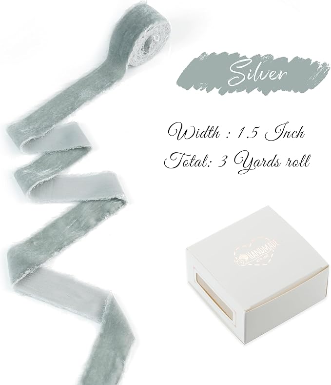Silver Velvet Ribbon 1.5 inch Silver Frayed Velvet Raw Edge Ribbon - Image 2